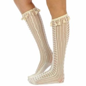 White Open Weave Tassel Trim Knee High Boot Socks